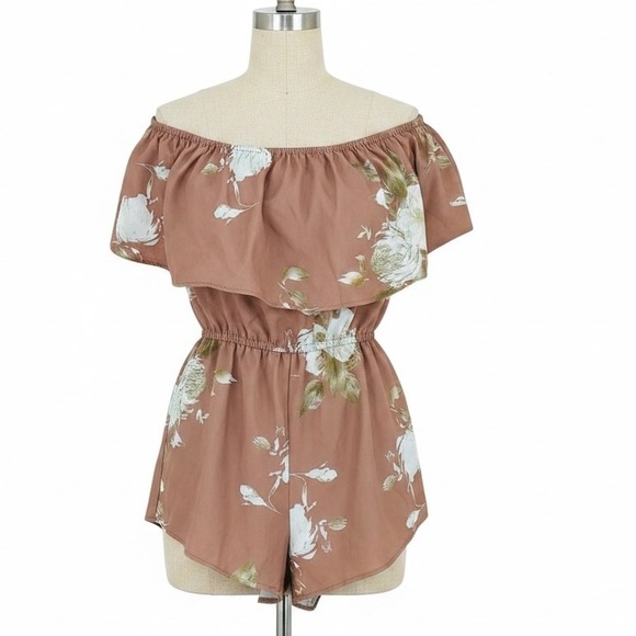 B.Original by Shoe Fly Pants - B.Original by Shoe Fly Floral Off The Shoulder Romper Brown Medium